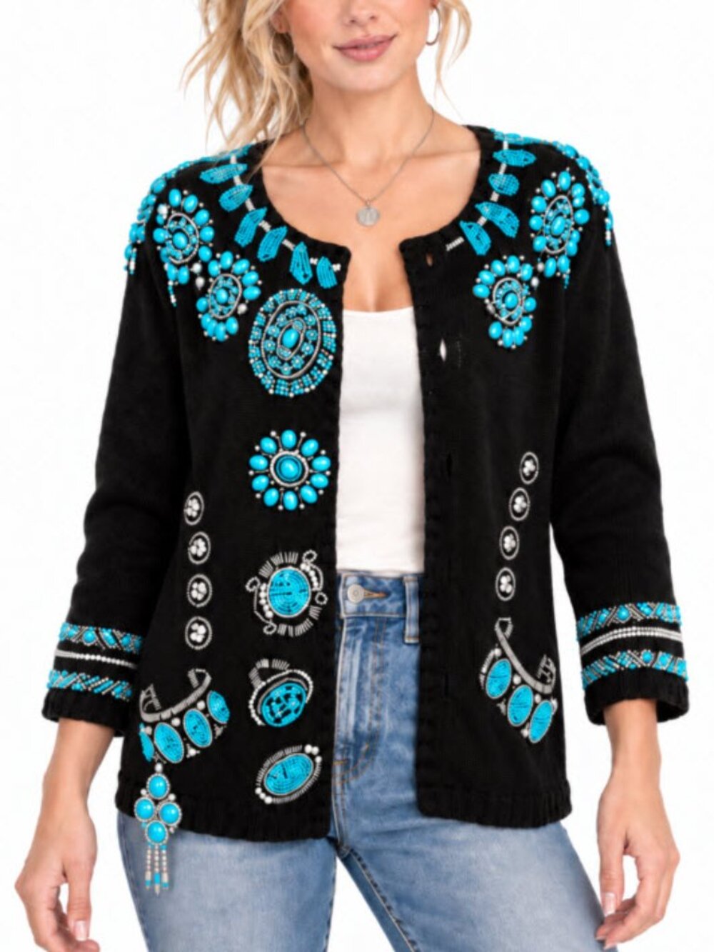 Vintage Michael Simon 1991 Turquoise Beaded Cardigan Black Size L Western